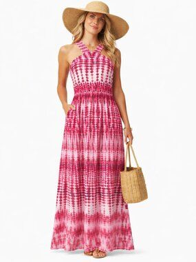 Wisp Halter Maxi Dress Dark Pink Tie Dye Print Size 6 – Coastal Boho Vacation